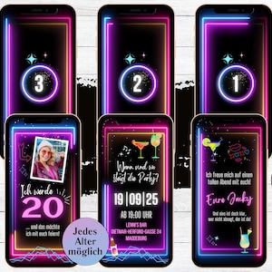 eCARD neon Geburtstags Party Einladung für 18. 20. 30. 40. 50. Geburtstag | digitale animierte WhatsApp Einladungen mit Foto und Countdown