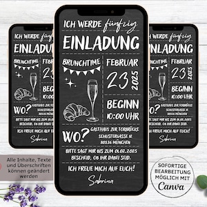 Digitale Geburtstagseinladung Brunch Sekt Frühstück schwarz weiß Tafel | eCard für Whatsapp | Brunchtime | Sektfrühstück Mann Frau Prosecco