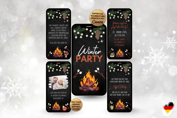 Einladung Winterparty | Digitale Canva Vorlage zum Bearbeiten | Lagerfeuer Glühwein Abend | Winterfeier Einladungskarte Advent Umtrunk
