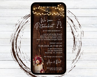 eCard digital invitation hen party rustic for WhatsApp, personalizable electronic hen party invitation wooden wine barrel roses
