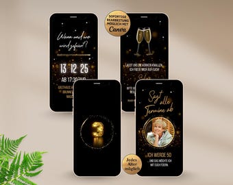 Digital birthday invitation, black and gold, with countdown | Ecard to send via WhatsApp for 20th, 30th, 35th, 40th, 45th, 50th, 60th birthdays