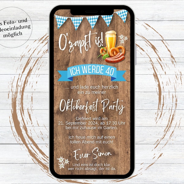 Invito digitale per festa di compleanno dell'Oktoberfest in legno da inviare via Whatsapp Wiesn Beer Party O’zapft is!