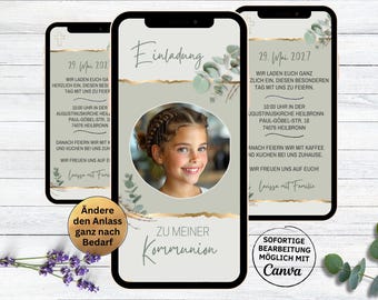 Invitation for communion green gold eucalyptus | Holy First Communion | Confirmation | Confirmation | digital Whatsapp invitation card with photo