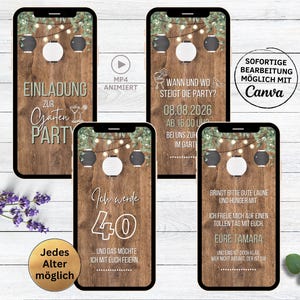 Digitale Gartenparty Geburtstags Einladung Lampions helles Holz | WhatsApp eCard Grillparty Einladungskarte rustikal Wood and Light Grillen