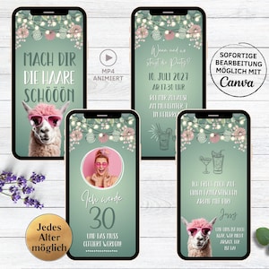 Invitación divertida para fiesta de cumpleaños de alpaca verde | Haz que tu cabello sea hermoso para la tarjeta electrónica animada de cumpleaños | Tarjeta de invitación para cócteles en el jardín