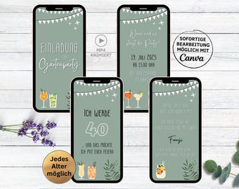 Digital garden party birthday invitation green cocktails | WhatsApp invitation birthday party | Cocktail party sage green | Summer party
