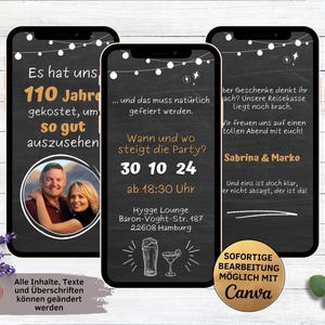 Convite engraçado para o quadro digital de aniversário duplo | Cartão convite WhatsApp aniversário duplo 70 75 80 85 90 95 100 110 | casal