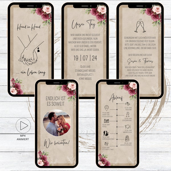 Digital wedding invitation roses kraft paper video for Whatsapp, customizable animated save the date invitation with photo and process