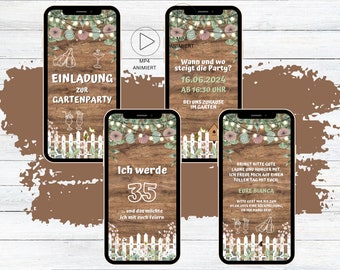 Digitale Gartenparty Einladung animiert, eCard personalisierbare WhatsApp Einladung rustikal Wood and Light