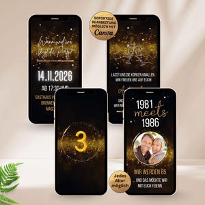 Double Birthday Invitation Canva Template | Digital Party Invitation Black Gold with Countdown | Double Birthday Party Invitation with Photo