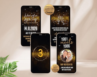 Double Birthday Invitation Canva Template | Digital Party Invitation Black Gold with Countdown | Double Birthday Party Invitation with Photo