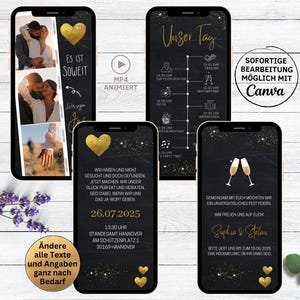 eCard digitale Hochzeitseinladung Video für Whatsapp schwarz gold | personalisierbare animierte Save the Date Einladung Fotostreifen 3 Fotos