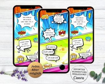 Kinderverjaardagsuitnodiging in stripstijl | digitale WhatsApp-verjaardagsuitnodiging voor tieners | Kinderverjaardagsuitnodiging in mangastijl voor jongen en meisje