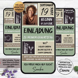 Digitale Geburtstagseinladung Cocktails | grün braun beige Whatsapp Einladung zum Geburtstag | eCard Einladungskarte Geburtstagsparty Teller