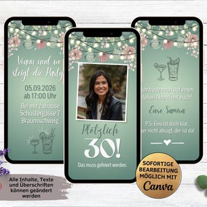 Invitación digital para fiesta de cumpleaños con cócteles verdes | para 20, 30, 40, 50 y 60 años, tarjeta electrónica animada | Invitación de cumpleaños de WhatsApp con foto