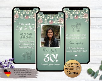 Digital birthday party invitation green cocktails | for 20th, 30th, 40th, 50th, 60th, animated eCard | WhatsApp birthday invitation with photo