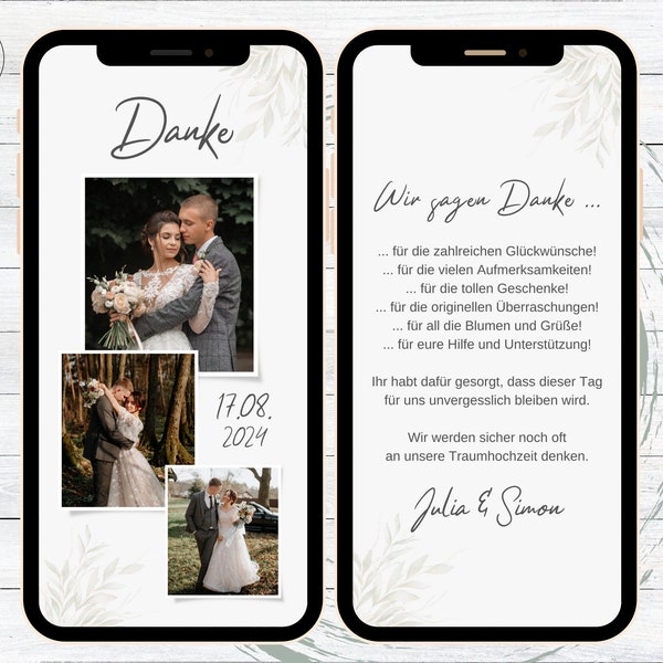 eCard Danksagung Hochzeit, animierte digitale Danksagungskarte Hochzeitstag für WhatsApp Auto mit Brautpaar drei Fotos
