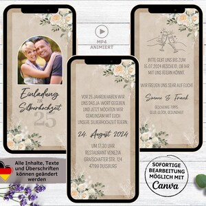Einladung Silberhochzeit Kraftpapier weiße Rosen digital für WhatsApp | eCard personalisierbare Hochzeitstag Einladung | Silberne Hochzeit