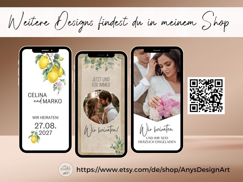 May include: Three smartphones display digital wedding invitation templates. The first shows lemons and text "CELINA und MARKO WIR HEIRATEN! 27.08.2027". The second shows a couple and "JETZT UND F&Uuml;R IMMER Wir heiraten!". The third shows a couple and "Wir heiraten UND IHR SEID HERZLICH EINGELADEN".