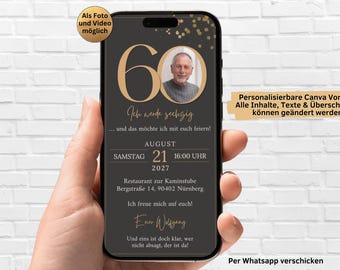 Cyfrowe zaproszenie na 60. urodziny w kolorze złotym i brązowym | Karta WhatsApp ze zdjęciem | Elegancki szablon e-kartki na 40., 50., 70. urodziny dla mężczyzn i kobiet