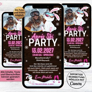 Invitations d'anniversaire eCard avec un motif de fête après-ski | carte d'invitation numérique de lapin de ski WhatsApp | invitation drôle de téléphone portable lapin d'hiver