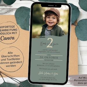 May include: A green and white digital invitation for a 2nd birthday party. The invitation features a photo of a young boy wearing a brown hat and a green jacket. The text on the invitation reads "Noah wird zwei" and "24. Oktober".