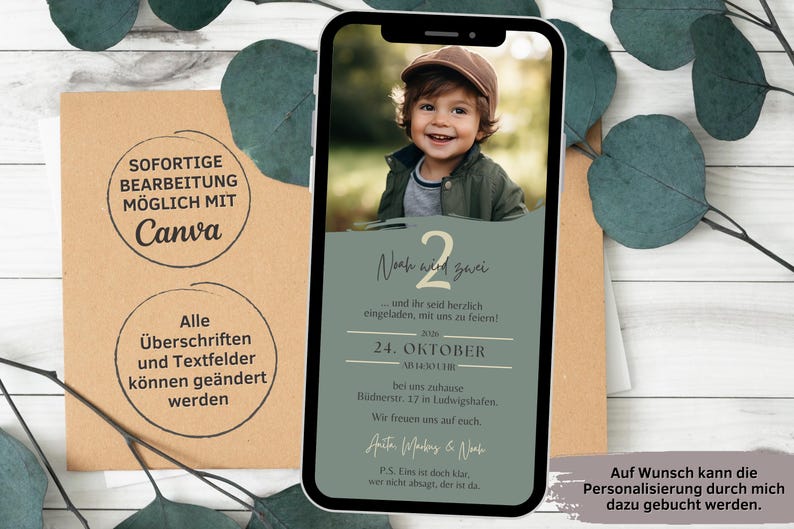 May include: A green and white digital invitation for a 2nd birthday party. The invitation features a photo of a young boy wearing a brown hat and a green jacket. The text on the invitation reads "Noah wird zwei" and "24. Oktober".