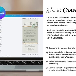 May include: A laptop screen displaying a Canva design interface with a wedding invitation template featuring eucalyptus leaves, gold accents, and German text. The right side contains text explaining the Canva editing process.