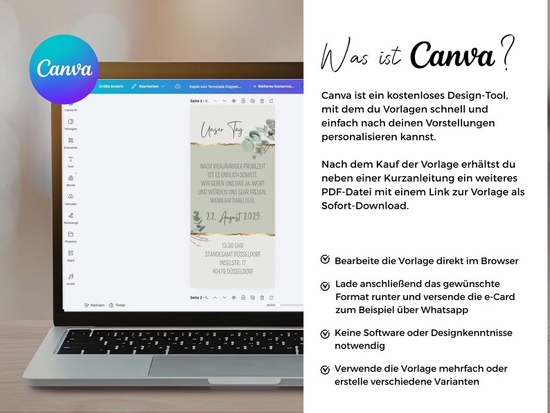 May include: A laptop screen displaying a Canva design interface with a wedding invitation template featuring eucalyptus leaves, gold accents, and German text. The right side contains text explaining the Canva editing process.