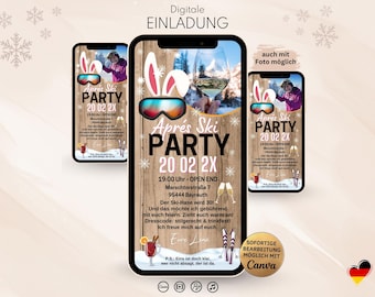 May include: A digital invitation for an Après Ski party displayed on three smartphone screens. The design features a wood-grain background, white bunny ears, ski goggles, a wine glass, and text including "Après Ski PARTY 20 02 2X" and event details.