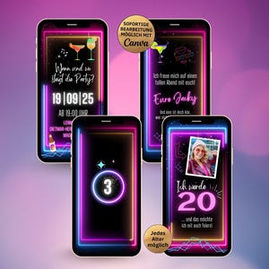 Neonkleurige e-card verjaardagsfeest uitnodiging voor 18e, 20e, 30e, 40e verjaardagen | Canva sjabloon digitale geanimeerde WhatsApp e-card met foto-aftelling