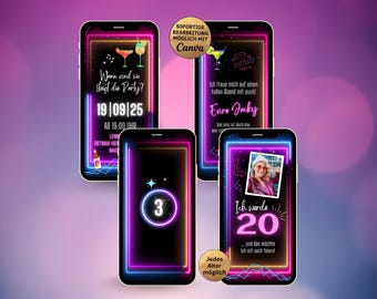 Neon eCARD Birthday Party Invitation for 18th, 20th, 30th, 40th Birthdays | Canva Template Digital Animated WhatsApp eCard with Photo Countdown