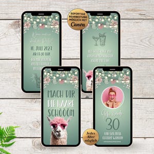Invitación divertida para fiesta de cumpleaños con una llama verde | Tarjeta electrónica para un cabello hermoso con una alpaca | Invitación a cóctel para una fiesta en el jardín