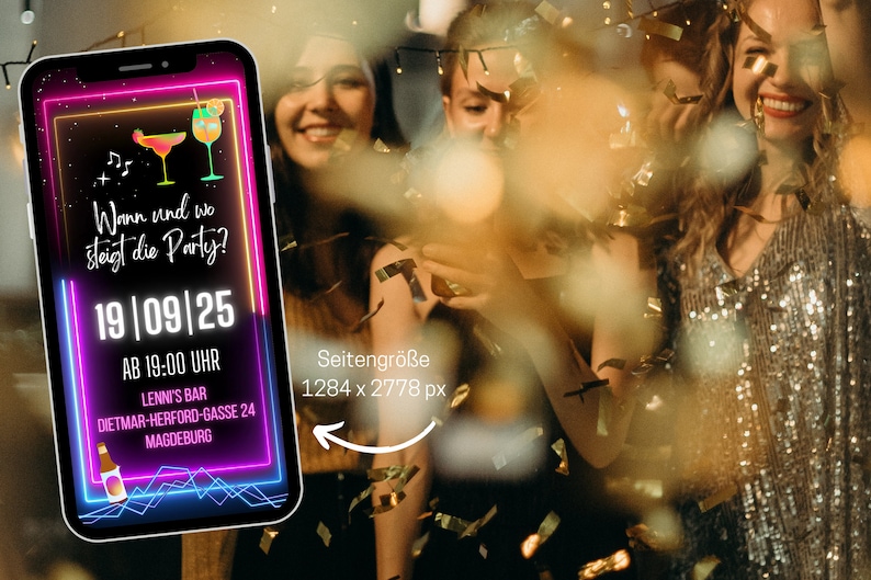 eCARD neon Geburtstags Party Einladung für 18. 20. 30. 40. 50. Geburtstag, digitale animierte WhatsApp Einladungen mit Foto und Countdown Bild 4