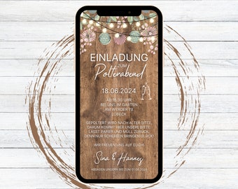 eCard digital invitation hen party rustic for WhatsApp, personalizable electronic hen party invitation wooden lanterns