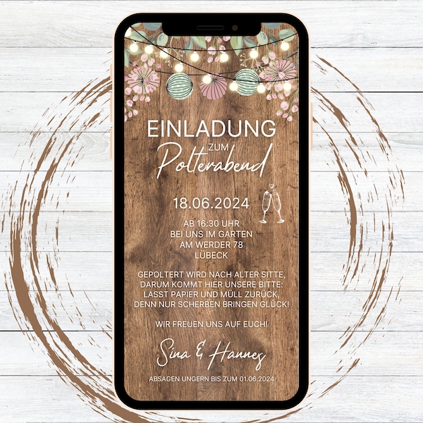 eCard digital invitation hen party rustic for WhatsApp, personalizable electronic hen party invitation wooden lanterns