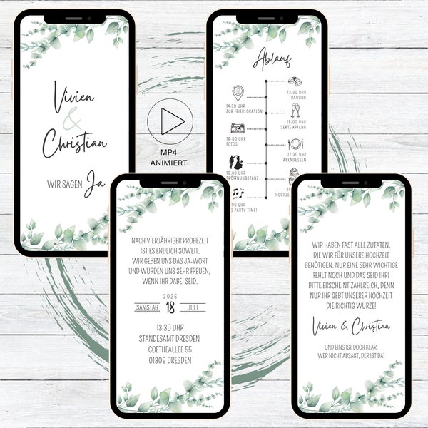 eCard Wedding Invitation Video for Whatsapp Eucalyptus | Personalizable digital save the date invitation green floral leaves