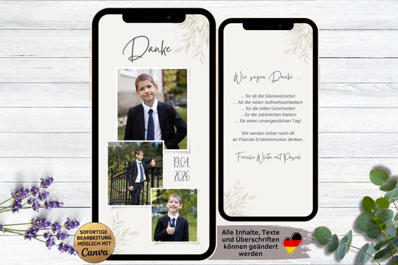 Digitale Danksagung Blätter für Kommunion | Konfirmation | Firmung | Hochzeit | Taufe | eCard Danksagungskarte für WhatsApp | Vielen Dank