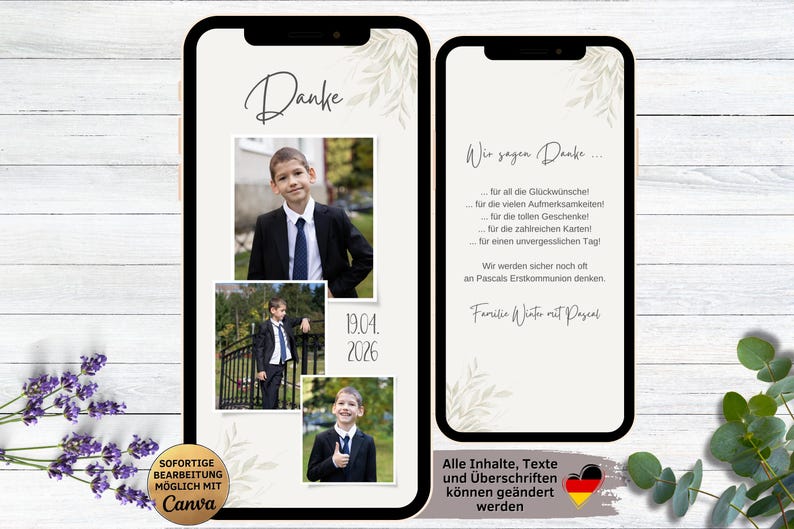 May include: A digital phone screen mockup with a white background and a floral design. The text "Danke" is written in black cursive. The text "Wir sagen Danke..." is written in black. The text "19.04. 2026" is written in black. The text "Alle Inhalte, Texte und &Uuml;berschriften k&ouml;nnen ge&auml;ndert werden" is written in black. A German flag is shown in the bottom right corner.