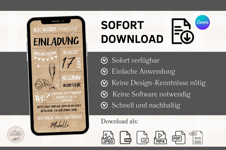 Digitale Geburtstagseinladung Brunch Sekt Frühstück schwarz weiß Kraftpapier Foto eCard zum Versenden per Whatsapp Bild 5