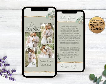 Wedding thank you card gold eucalyptus green digital | animated thank you card wedding anniversary | thank you card wedding ceremony for WhatsApp 4 photos classy