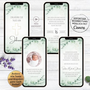 eCard invitation baptême eucalyptus vert | carte d'invitation Whatsapp animée pour le service de baptême | feuilles d'invitation de baptême numériques avec photo