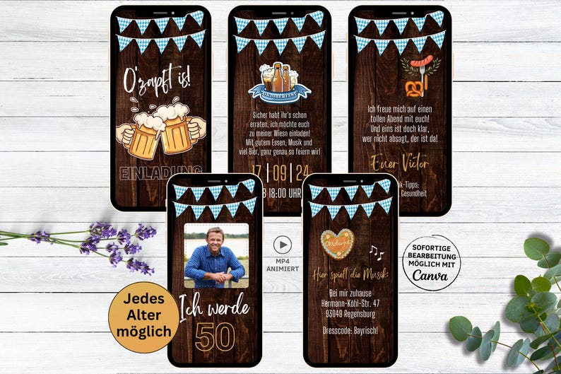 K&ouml;nnte beinhalten: F&uuml;nf digitale Einladungen zu einer 50. Geburtstagsfeier mit bayerischem Thema. Die Einladungen zeigen einen Holz-Hintergrund mit blau-wei&szlig;em kariertem Wimpelband, einem Bierkrug, einem Brezel und einem herzf&ouml;rmigen Lebkuchen. Der Text auf den Einladungen lautet "O'zapft is!" und "Ich werde 50".