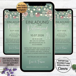 Invitation numérique eCard pour enterrement de vie de jeune fille verte pour WhatsApp, lanternes de jardin d'invitation électronique personnalisable pour enterrement de vie de jeune fille
