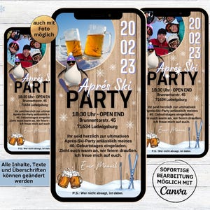 eCard-uitnodigingen voor après-ski-verjaardagsmotief | digitale WhatsApp pinguïn uitnodigingskaart | grappige geanimeerde mobiele telefoon uitnodiging winter