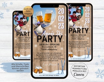 eCard invitations for birthday après-ski motif | digital WhatsApp penguin invitation card | funny animated mobile invitation winter