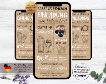 Tarjeta electrónica de invitación despedida de soltero en papel kraft digital para WhatsApp | invitación digital a despedida de soltera con foto | Deja que se rompa | retumbamos
