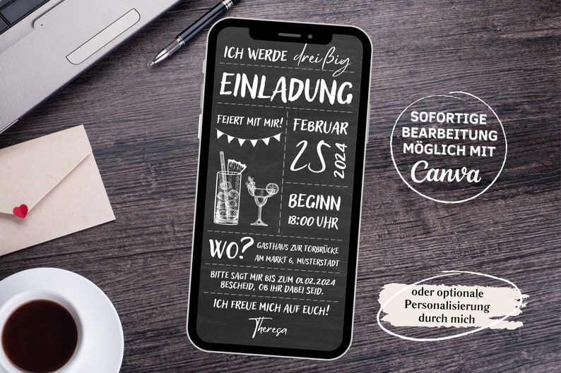 Digitale eCard Geburtstagseinladung Motiv Cocktails schwarz weiß zum Versenden per Whatsapp Bild 2