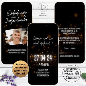Digitale Einladungskarte für Jugendweihe | Konfirmation | Kommunion | Firmung | animierte Einladung mit Foto schwarz gold für Junge Mädchen