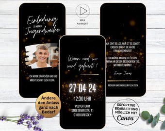 Digital invitation card for youth consecration | confirmation | communion | confirmation | animated invitation with photo black gold for young girls
